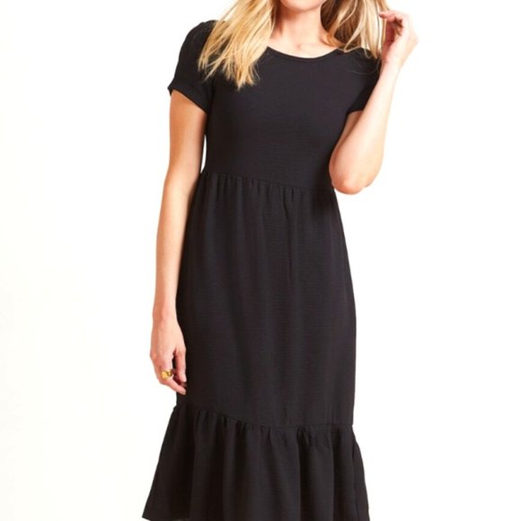 Allison Joy Black Midi Crepe Dress Ruffle Hem Short Rolled Sleeve Evereve Becca - Picture 2 of 7